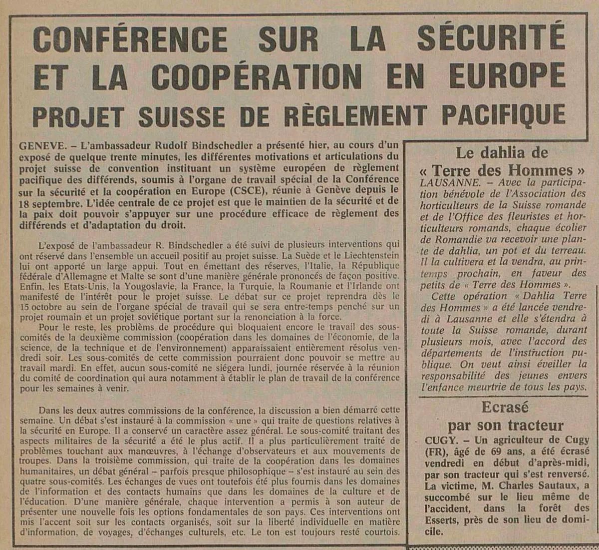 Article du Le nouvelliste au sujet de l’action de la Suisse lors des négociations de la CSCE à Genève, septembre 1973.